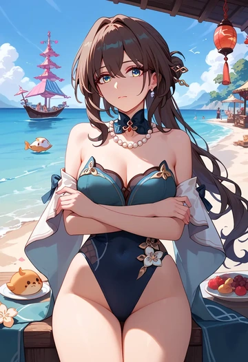 star rail,ruan mei,retro style swimsuit,frilled neckline,bow detail  - AI generated anime art